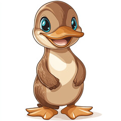 Illustration of a cartoon duckling standing with a happy expression on a white background