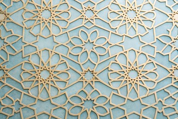 Islamic Geometric Pattern Lattice with Star Motifs on Blue Background