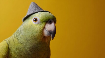 Charming parrot dons tiny felt hat, evoking Renaissance whimsy and Talk Like a Pirate Day frivolity against golden backdrop
