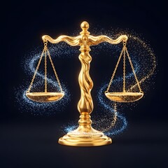 Glistening Golden Scales of Justice with Shimmering Light, Symbolizing Balance, Fairness, and Cosmic Equilibrium on a Dark Background