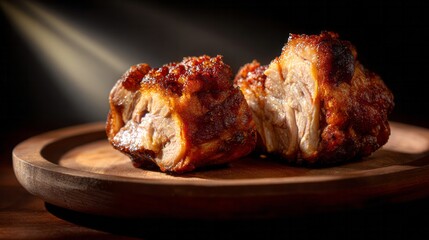 Succulent pork knuckles, glistening under golden beams, evoke Bavarian feasts and the cosmic dance of Oktoberfest indulgence