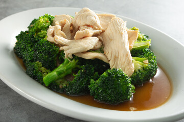 A view of a plate of broccoli chicken.