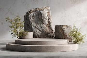 rock stone podium nature pedestal stage product display background 3d illustration empty display showroom presentation product placement