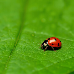 Ladybug crawling on green leaf in natural environment  