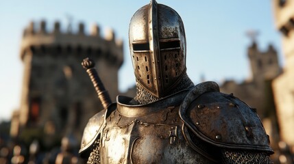 A lone armored knight stands stoically, medieval grandeur unfolding amid crumbling castles, evoking Renaissance Fair nostalgia and Knighting Day valor