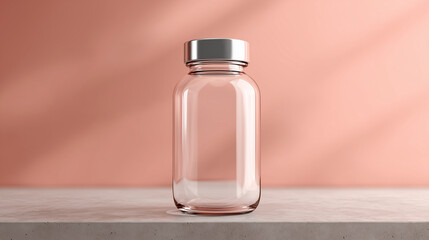 Clear glass bottle stands against soft pink backdrop. Minimalist, clean style. Ideal for mockups, product presentation, and advertising.