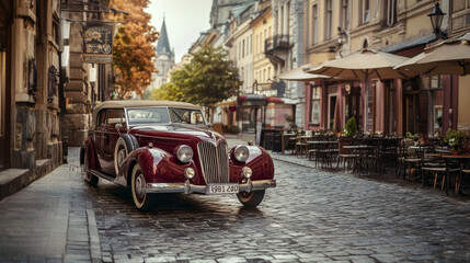 1930s Classic European Car in Cobblestone Town Square Surrounded by Vintage Cafés and Old-World Architecture