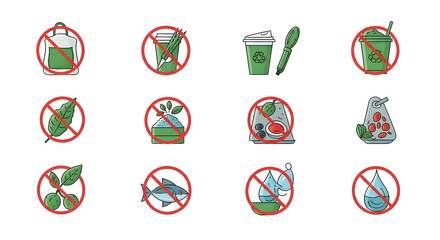 Collection of graphic icons depicting prohibited items for recycling and waste reduction.