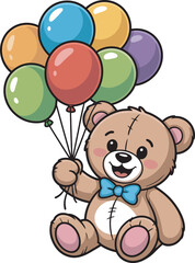 Fototapeta premium Happy cartoon teddy bear sitting and holding a bunch of colorful balloons
