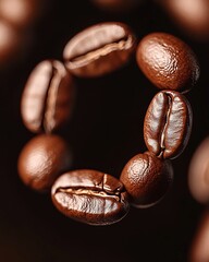 Dramatic swirl of rich brown coffee beans creating a captivating spiral vortex, elegant beverage art