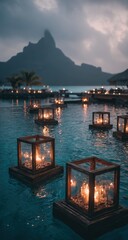 Obraz premium Floating lanterns on calm water, mountain backdrop
