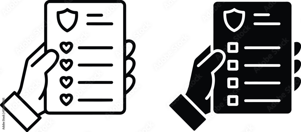 Poster a hand holding a document with a shield and a list in both outline and solid