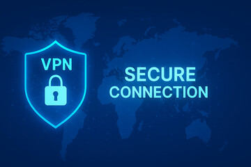 VPN secure connection graphic with glowing shield and lock icon over world map, representing global cybersecurity, encrypted internet access, and digital privacy protection, VPN secure connection, 
