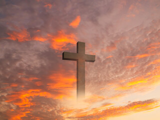 Cross christian god religion on sunset background, jesus church worship pray catholic grace christ,...