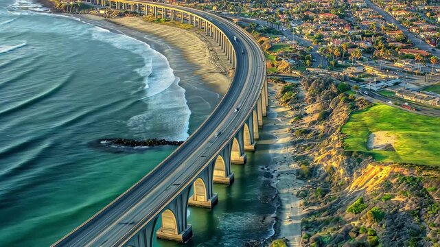 Cabrillo Bridge spans above Cabrillo Freeway with coastal cliffs and ocean waves in view, Aerial of Cabrillo Bridge and Cabrillo Freeway