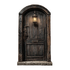 A vintage wooden door with a hanging lantern isolated on transparent background