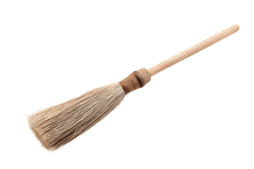 Broomstick with wooden handle, isolated on a white background, in a simple style, with a transparent PNG format.