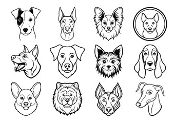 Obraz premium The silhouette Vector Hand-Drawn Dog Breed Faces Collection in Black and White Line Art on white background