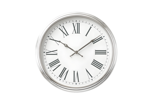Wall clock with roman numerals, isolated on a white background, in a simple style, with a transparent PNG format. 
