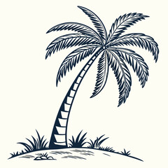 Obraz premium Tropical Palm Tree Silhouette on Sandy Island Beach with Lush Green Grass