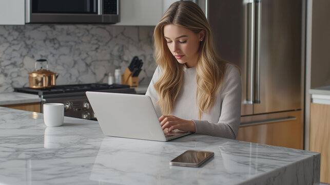 A young woman in casual business attire typing on her laptop while sitting at a marble kitchen island. A smartphone and a cup of tea are next to her. - Powered by Adobe