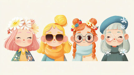 Four stylized girls with different hair colors and accessories standing in a row looking forward