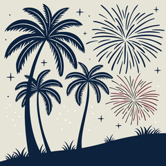 Tropical Celebration Night with Palm Trees and Fireworks Display