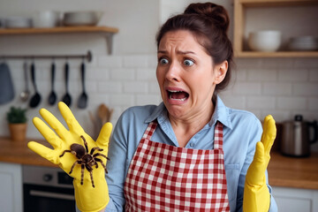 Shocked Woman Discovering Tarantula on Cleaning Glove in Kitchen. Hilarious Home Pest Surprise Reaction

