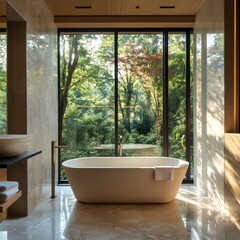 Fototapeta premium A bathroom with a large window Natural