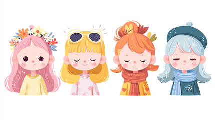 Four cartoon girls representing seasons with different hairstyles and seasonal accessories art