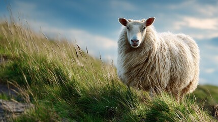 Obraz premium fluffy white sheep stands on grassy hillside under bright blue sky animal
