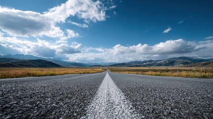 Long asphalt road stretching through  golden landscape towards distant mountains under  cloudy blue sky