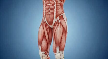 Detailed Human Muscular Anatomy of Abdomen and Thighs on Blue Background