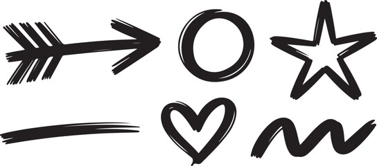 Black Ink Hand Drawn Arrow Circle Star Heart Line Wave Vector Illustration Set Graphic Design Elements
