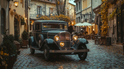 1930s Classic European Car in Cobblestone Town Square Surrounded by Vintage Cafés and Old-World Architecture