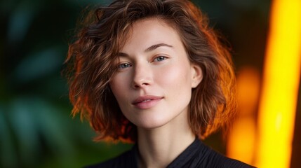 Fototapeta premium Close up portrait of a young woman with brown hair and blue eyes softly lit with warm orange tones