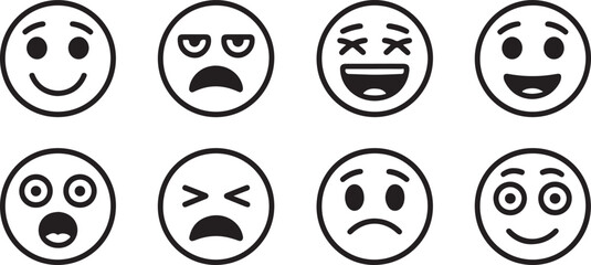 Hand Drawn Black and White Circular Emoji Faces Displaying Diverse Emotions Including Happy Sad Surprised and Annoyed