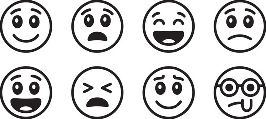 Hand Drawn Black and White Emoji Faces Icon Set Circular Doodle Style Simple Line Art Emoticons Set of Diverse Facial Expressions