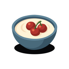 Illustration Vector Graphic Cartoon of a Bowl of Creamy Yogurt with Fresh Fruits and Mint Leaves