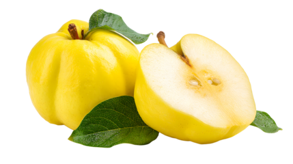Freshly sliced yellow quince fruit with green leaves, showcasing vibrant colors against a clean background for culinary use