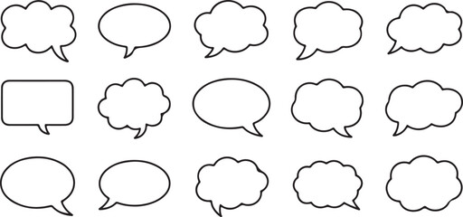 Black Outline Speech Bubbles Set Various Shapes Empty Text Boxes White Background Simple Line Art Graphic Design Elements