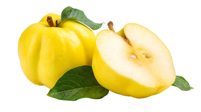Freshly sliced yellow quince fruit with green leaves, showcasing vibrant colors against a clean background for culinary use