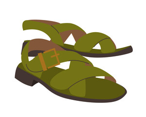 Casual women's elegant shoe wardrobe. Female fashion footwear green sandals with crosswise straps footgear. Colored vector illustration of women's open shoes isolated on white background. Modern desig