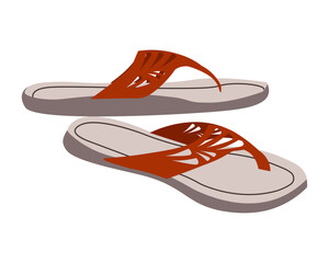 Casual women's shoe wardrobe. Summer slippers, sandals, flop flip shoes. Beach footwear accessories. Female footwear. Colored vector illustration of women's open shoes isolated on white background. 