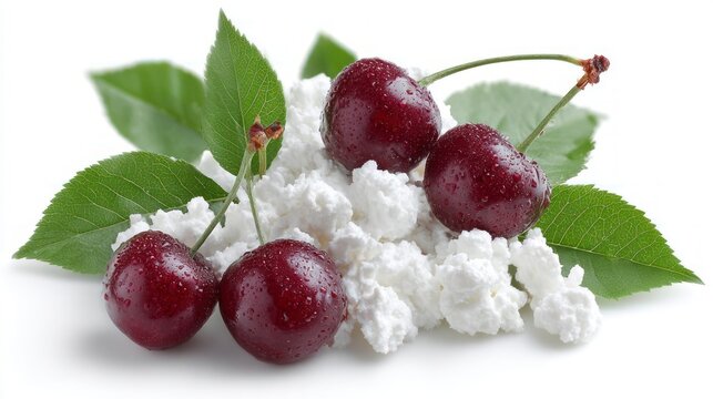 Fresh ripe cherries with water droplets sit on white cottage cheese with green leaves