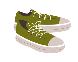 Fashion  green sneakers. Modern sport shoes for walking or running. Trendy cartoon sportswear for man and woman. Athletic footwear designs. Flat vector illustration isolated on white background. 