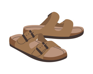 Leather beige sandals birkenstocks isolated on white background top view. Unisex summer shoes, genuine leather flip flops with cork soles. Stylish fashion summer footwear flat vector illustration.