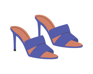 Women's elegant shoe wardrobe. Female fashion footwear, high heel blue sandals with crosswise straps, summer footgear. Flat vector illustration isolated on white background. Stylish modern design.