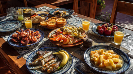 Tradycyjna kuchnia portugalska — świeże owoce morza, bacalhau, chouriço i pastel de nata. Stół pełen aromatów, smaków oceanu i śródziemnomorskiej prostoty.