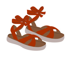 Casual women's elegant shoe wardrobe. Female fashion footwear red sandals with crosswise straps footgear. Colored vector illustration of women's open shoes isolated on white background. Modern design